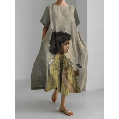 Robe imprimée tendance à manches courtes et col rond ample