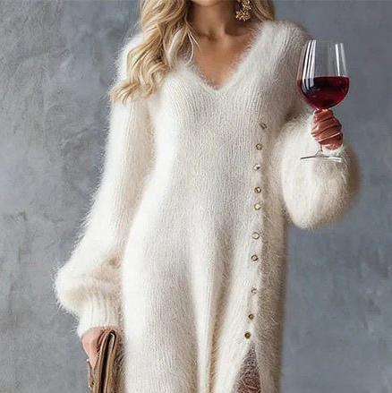 Robe chic en Maille col V avec boutons longue et fendue