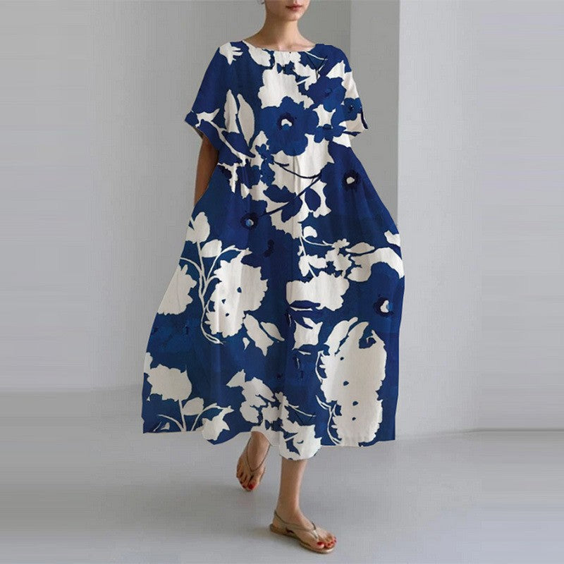 Robe imprimée tendance à manches courtes et col rond ample
