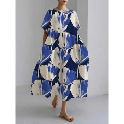 Robe imprimée tendance à manches courtes et col rond ample