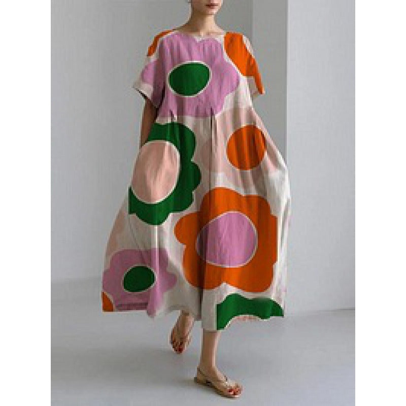 Robe imprimée tendance à manches courtes et col rond ample